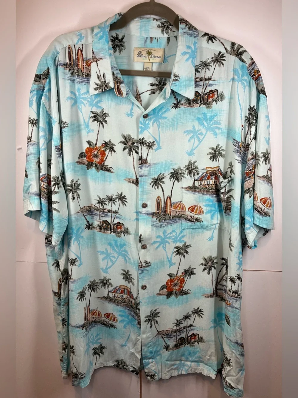 Island Shores Hawaiian Camp Shirt XXL Tropical Beach Palm Tree Button Front